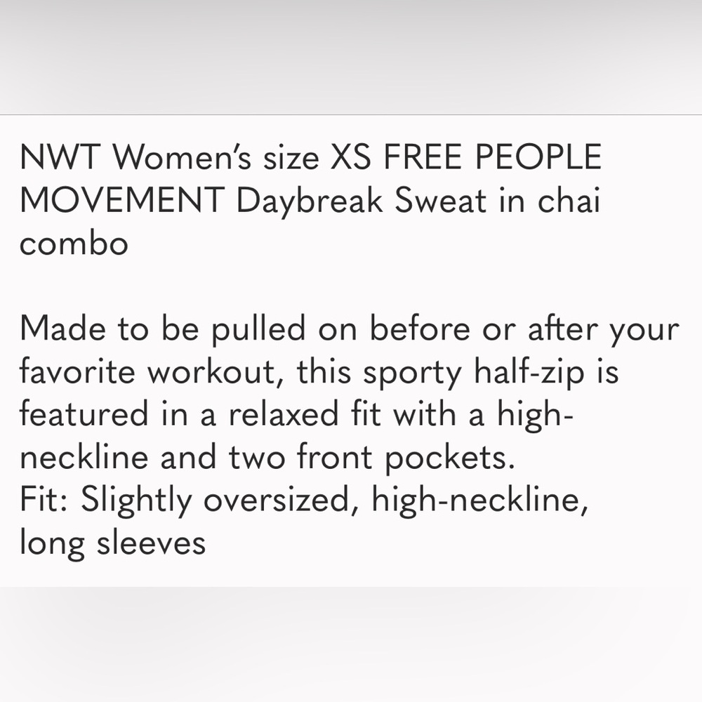 FREE PEOPLE MOVEMENT Daybreak Sweat 1/2 Zip Pullover Jacket / Chai Combo / XS - Picture 13 of 14